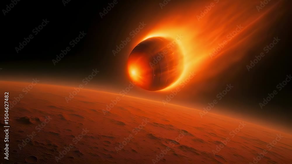 Poster advanced robotic spacecraft navigating intense atmospheric entry, descending through fiery plasma to
