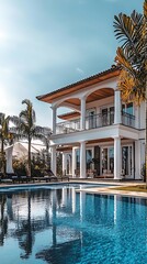 Scenic outdoor view of villa with pool and palm trees