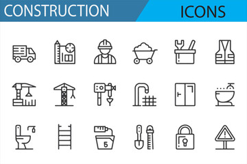 A set of clean and modern construction icons, including machinery, workers, and safety equipment for use in construction projects.