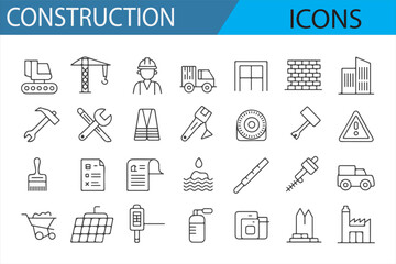 Line art icons representing different aspects of construction, including building, safety, and machinery symbols.