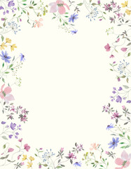 Watercolor floral frame with delicate wildflowers. Hand-drawn floral illustration isolated on pastel background. Vector EPS.