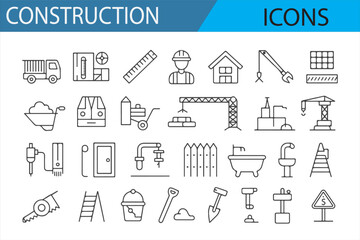 A collection of clean line art construction icons ideal for use in architecture, engineering, and construction content.