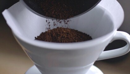 Freshly Ground Coffee Falling into a Brewing Filter Cone