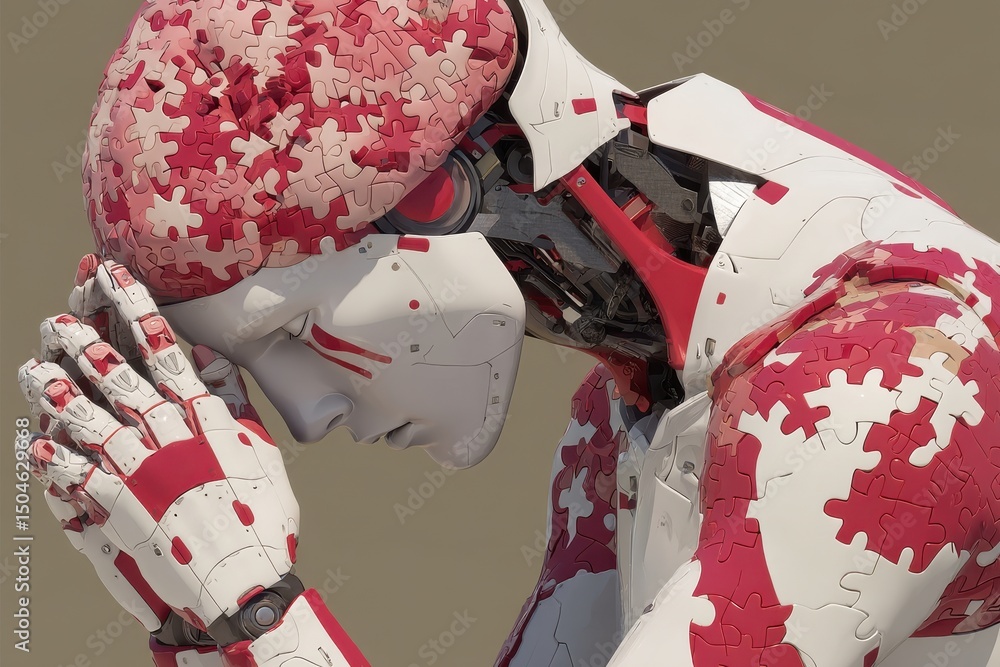 Poster an artificial intelligence robot with a brain composed of puzzle pieces