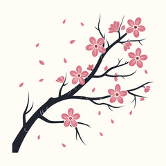 Elegant Cherry Blossom Branch Illustration Delicate Pink Flowers and Falling Petals