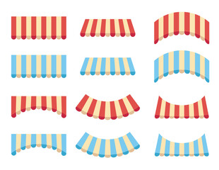 Store tent canopy roof awning shop umbrella stripe isolated set. Vector graphic design element illustration