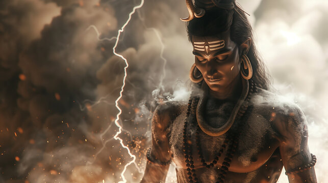 Repr&eacute;sentation puissante de Shiva dans une sc&egrave;ne mythologique dramatique avec nuages, &eacute;clairs et regard intense sur fond orageux
