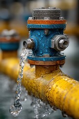 Fototapeta premium Close-up of a leaking industrial blue valve connected to yellow pipeline