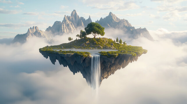 Concept art of a floating island with waterfall above the clouds for fantasy video game world