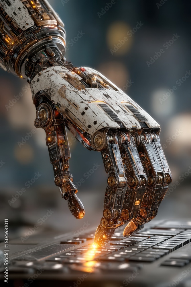 Poster futuristic robotic hand interacting with a glowing keyboard in a modern setting