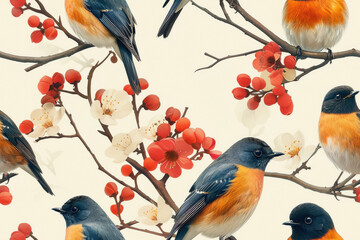 Fototapeta premium Colorful birds on a floral branch pattern background
