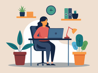 Young woman sitting at cluttered desk with laptop and floating red battery level icon