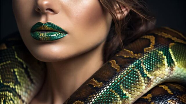 Wildlife-inspired makeup artistry closeup of woman's lips urban studio iridescent snake scale design
