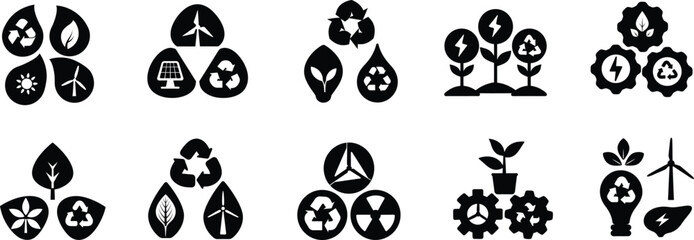 Eco Energy vector and Sustainability Icon Set with Leaves, Recycling, and Renewable Symbols