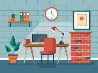 Minimalist office interior with white brick wall wooden desk red chair and open laptop