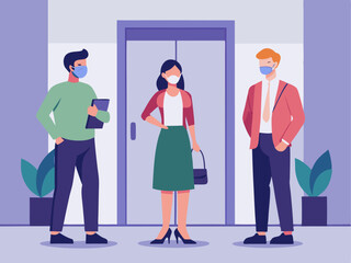 Flat design illustration of elevator social distancing with masked people maintaining safe space guidelines