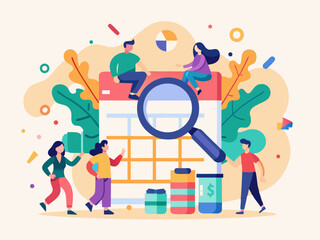 Flat illustration of teamwork concept with people collaborating around a calendar and magnifying glass