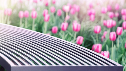Contemporary curved metal bench in a park setting, captured with a shallow depth of field. In the...