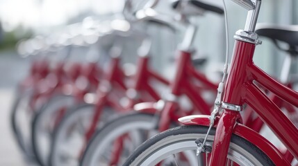 Row of red bicycles in urban setting with soft focus