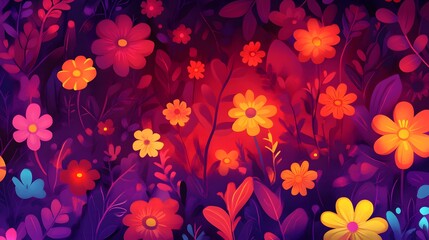 Vibrant Floral Garden Night Bloom Flowers Artistic Illustration
