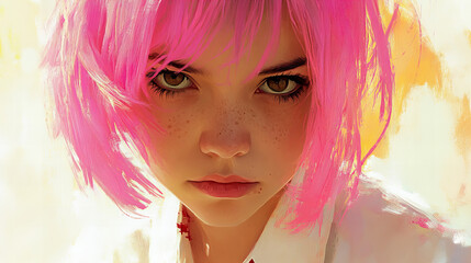 Digital portrait of a dreamy young woman with short pink hair and turquoise eyes in expressive brushstroke style illustration with soft pastel texture

