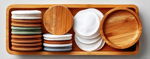 Reusable cotton pads in a bamboo tray promoting sustainability and eco-friendly choices