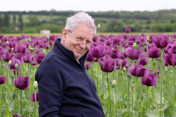Happy adult man in opium poppy flower field.