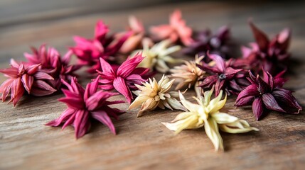 Fototapeta premium Dried Flowers Arrangement Pink Purple Brown Wooden Background