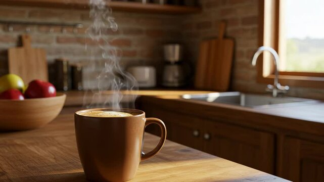 Hot coffee steaming in ceramic mug on wooden kitchen table  