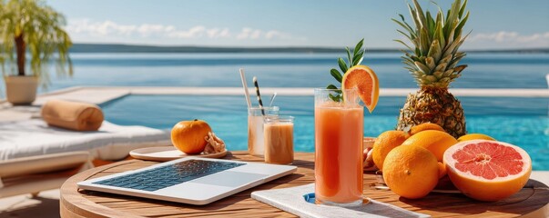 Work and relaxation with a laptop by a tropical poolside setting