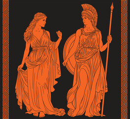 Two ancient Greek women in dress and military armor with a spear stand and talk. Antique panel with meander ornament