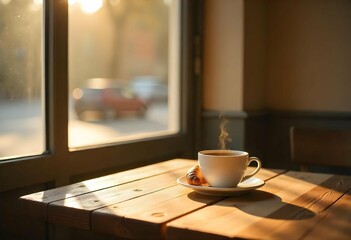 Rustic wooden cafe table with coffee cup and croissant near window, warm daylight casting shadows, empty soft background wall for text, cozy and minimalist atmosphere