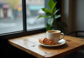 Rustic wooden cafe table with coffee cup and croissant near window, warm daylight casting shadows, empty soft background wall for text, cozy and minimalist atmosphere