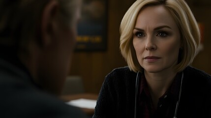 Serious Woman Doctor Listening Attentively to Patient