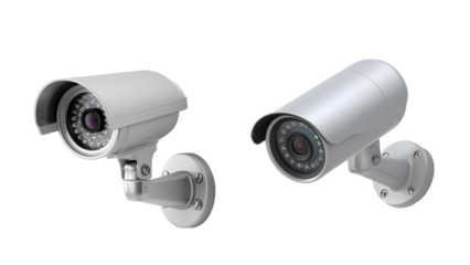 Surveillance Cameras: Two modern surveillance cameras stand watch, their lenses poised, ready to capture every detail, representing security and protection isolated on transparent background.