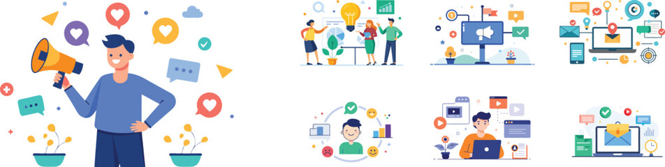 Collection of digital marketing vector illustration set. Business strategy, Ad campaign, business development, milestones