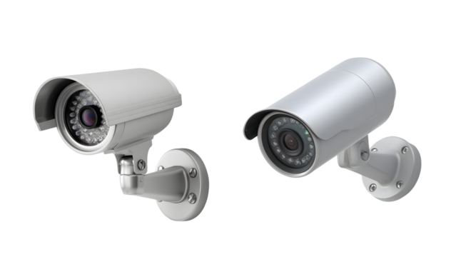 Surveillance Cameras: Two modern surveillance cameras stand watch, their lenses poised, ready to capture every detail, representing security and protection isolated on transparent background.