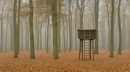 Misty Autumn Forest with Wooden Hunting Stand