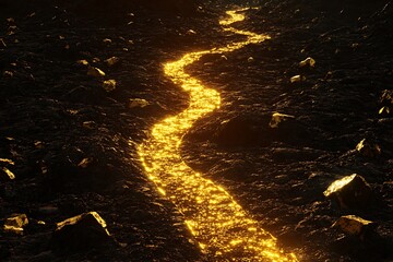 Golden River A Digital Landscape of Flowing Gold and Dark Rocks