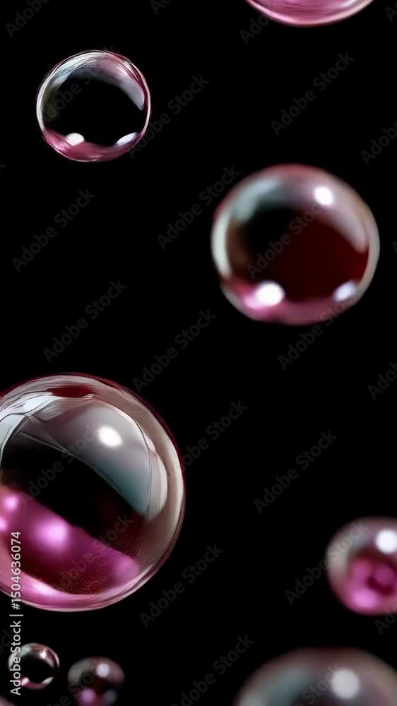 Poster floating transparent spheres with a shiny pink interior on a solid black background creating an abst