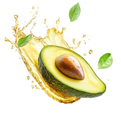Fresh avocado slice splashing in golden oil with green leave, Fresh avocado halves splashing with...