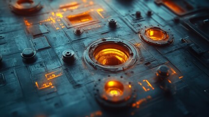 Close up view of futuristic circuit board with glowing elements and metallic texture