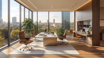 Fototapeta premium Modern office interior with panoramic city views and stylish furniture