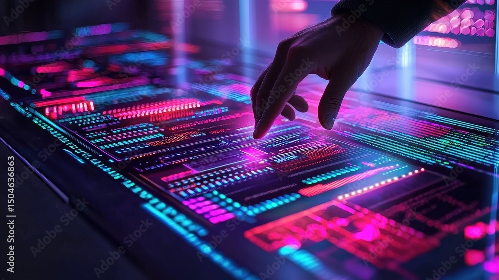 Poster futuristic interface with hand interacting on a vibrant digital display.