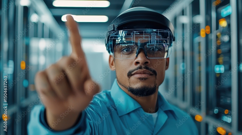Aufkleber technician using augmented reality glasses in a high-tech server room.