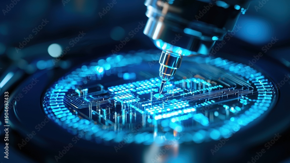 Poster close-up of a digital circuit board being processed by a precision tool.