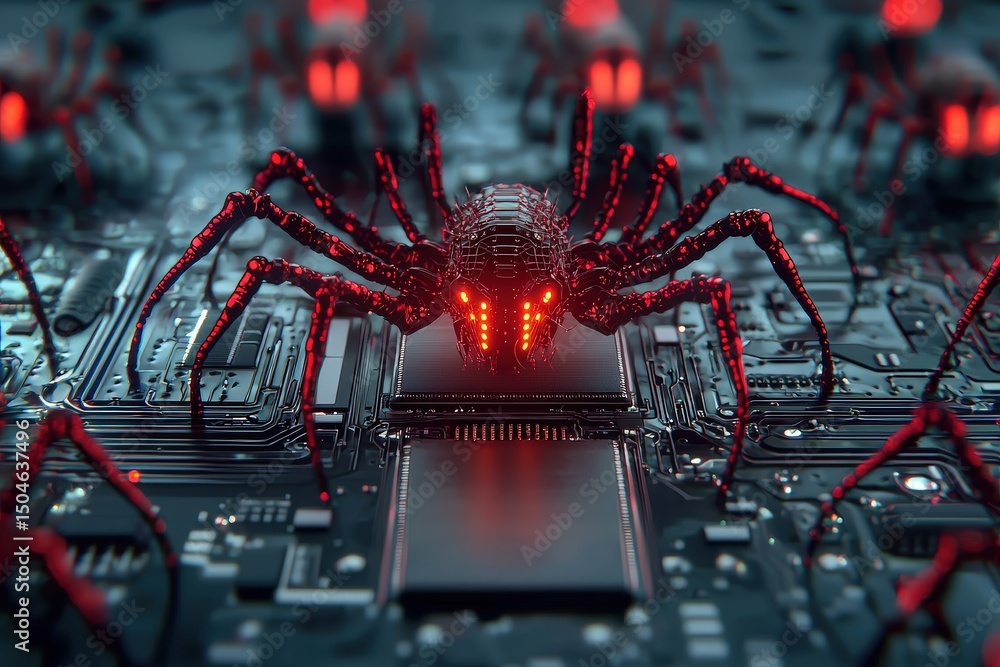 Aufkleber futuristic spider on a circuit board with glowing elements creating a tech-inspired ambiance.