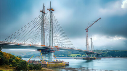The new Queensferry Crossing Bridge, under construction, rises above the Firth of Forth&mdash;an engineering marvel in progress, symbolizing connection, innovation, and Scotland&rsquo;s modern infrastructure...