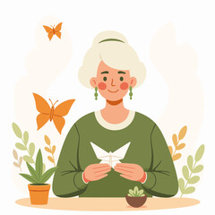 Smiling elderly woman folding paper butterflies with green plants and flying butterflies in a bright, cheerful setting, art therapy concept of wellness or creative workshops