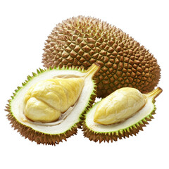 Obraz premium Fresh durian fruit, Fresh Durian Fruit with Spiky Shell and Creamy Yellow Flesh, isolated on transparent background